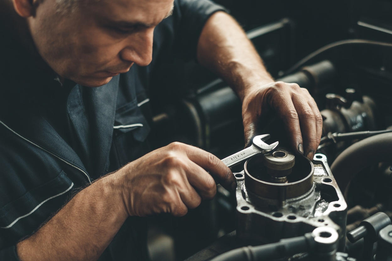 Professional mechanic hands working on engine at America Auto Repair Doral