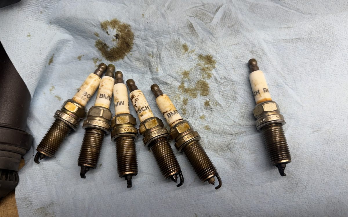 Used spark plugs removed during a tune-up service at America Auto Repair in Doral, FL